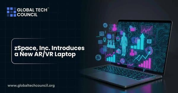 Laptop projecting 3D AR/VR graphics and holographic data visuals in bright neon colors.
