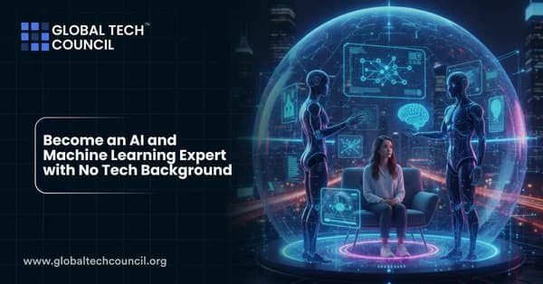 A woman sits inside a glowing digital dome as two humanoid robots present holographic AI visuals, representing learning AI and ML without prior tech knowledge.