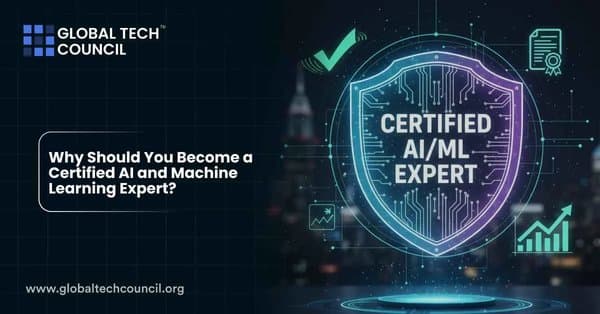A glowing digital shield marked “Certified AI/ML Expert” with icons for achievement, graphs, and certification, highlighting the value of AI and ML credentials.