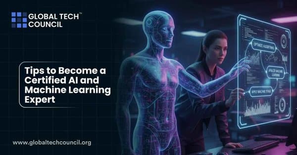 A futuristic human-shaped AI hologram collaborating with a professional analyzing a digital interface with algorithm data, representing AI and machine learning training.