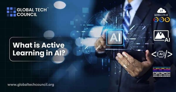 Business professional using tablet with digital AI icons and neural network graphics.