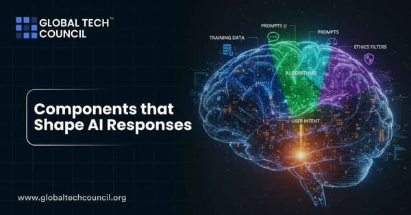 A digital brain visualization highlights key AI components such as algorithms, prompts, user intent, and ethics filters.