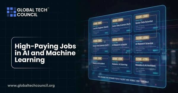 A futuristic digital board displays AI job roles with salaries like Data Scientist and AI Architect, representing top-paying opportunities in the AI industry.