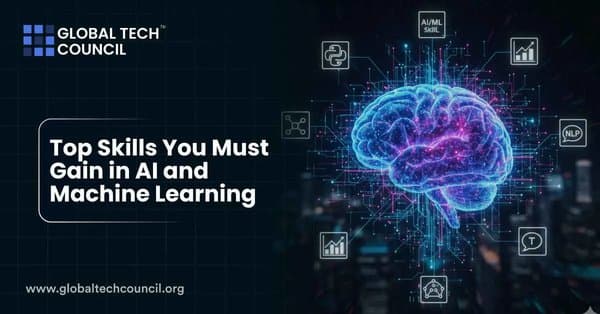 A glowing digital brain surrounded by AI and Machine Learning icons such as NLP, data charts, and neural connections, symbolizing essential skills in AI and ML.