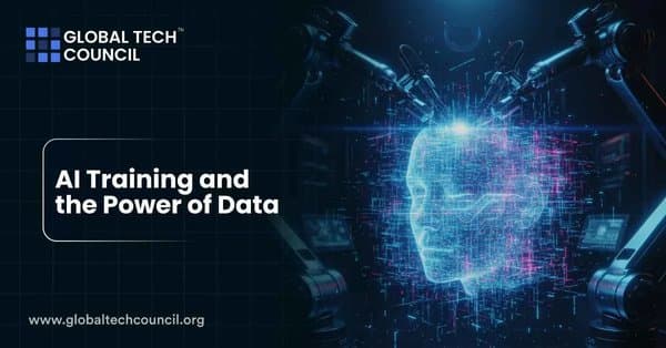 A glowing digital head surrounded by robotic arms symbolizes AI model training and data-driven intelligence.