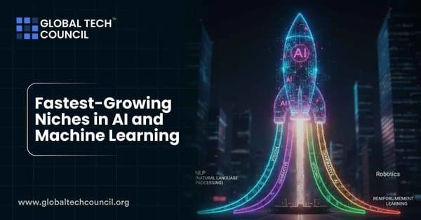 A neon rocket labeled “AI” launches with trails representing NLP, Generative AI, Robotics, and Vision, symbolizing rapidly expanding fields in AI and ML.
