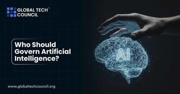 A human hand hovering over a glowing digital brain labeled “AI,” symbolizing AI governance.