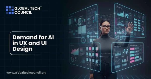 A woman interacts with futuristic digital screens displaying data and analytics, symbolizing the growing role of AI in UX and UI design.