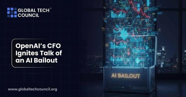 Digital crate labeled “AI Bailout” with floating charts showing financial data and declines.