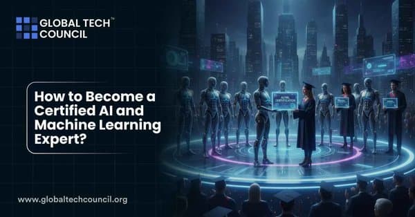 Graduates receive futuristic AI/ML certification holograms from humanoid robots under a digital city skyline, symbolizing the certification journey in AI and ML.