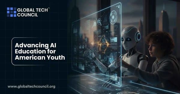 A young boy and a humanoid robot collaborate on a digital interface, representing AI education for youth.