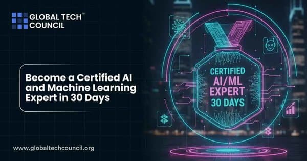 A digital badge glowing with neon circuitry and text “Certified AI/ML Expert – 30 Days,” representing fast-track certification in AI and machine learning.