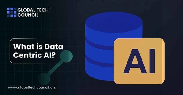 Blue data storage icon beside AI label symbolizing data-centric artificial intelligence.