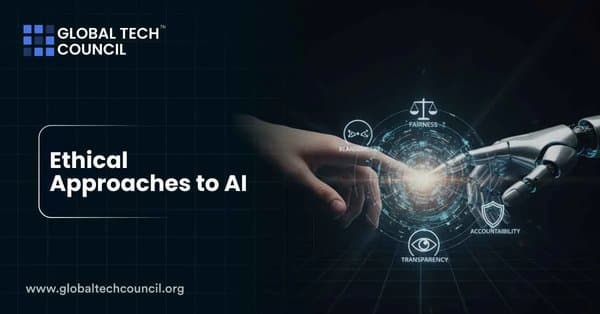 A robotic hand and a human hand touch fingertips over glowing icons representing fairness, transparency, and accountability.