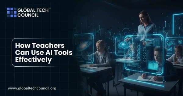 A teacher guides students using holographic AI tools and interactive digital displays in a classroom.