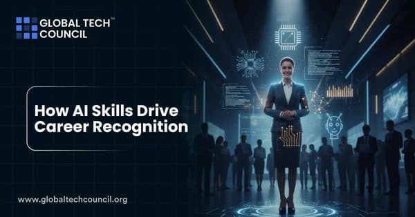 A confident professional stands under futuristic AI graphics surrounded by colleagues, symbolizing the career impact of AI skills.