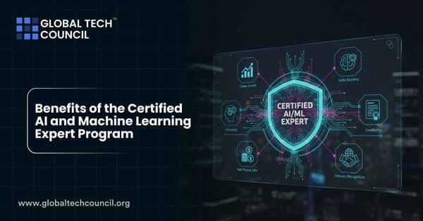 A futuristic holographic shield labeled “Certified AI/ML Expert” surrounded by icons for career growth, credibility, and high-paying jobs, symbolizing the advantages of certification.