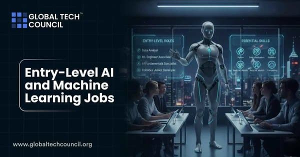 A humanoid robot presents job roles and essential skills like Python and data visualization to a group of learners, symbolizing entry-level AI and ML careers.