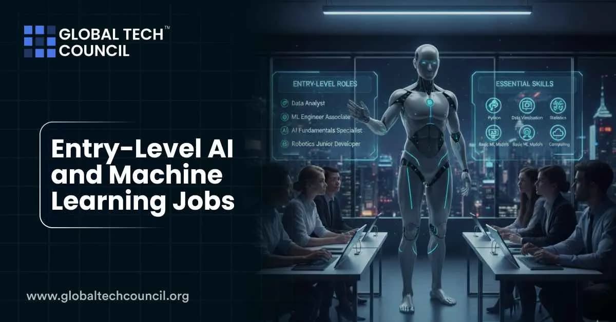 A humanoid robot presents job roles and essential skills like Python and data visualization to a group of learners, symbolizing entry-level AI and ML careers.