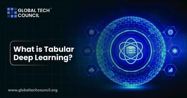 Futuristic glowing blue neural network sphere illustrating tabular deep learning concept.