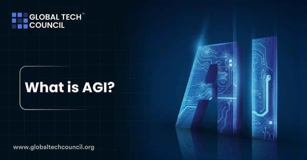 A digital graphic showing the text “What is AGI?” beside large 3D letters “AI” illuminated with blue circuitry patterns.