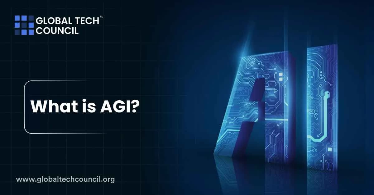 A digital graphic showing the text “What is AGI?” beside large 3D letters “AI” illuminated with blue circuitry patterns.