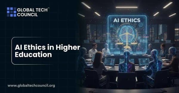 A group of professionals and AI holograms sit around a digital conference table with a holographic “AI Ethics” display.