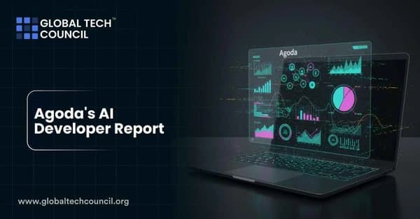 Laptop screen showing Agoda’s AI analytics dashboard with digital charts and graphs.