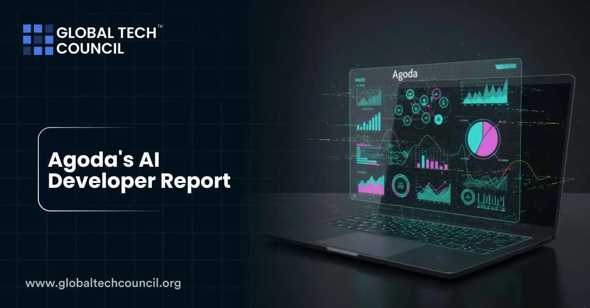 Laptop screen showing Agoda’s AI analytics dashboard with digital charts and graphs.
