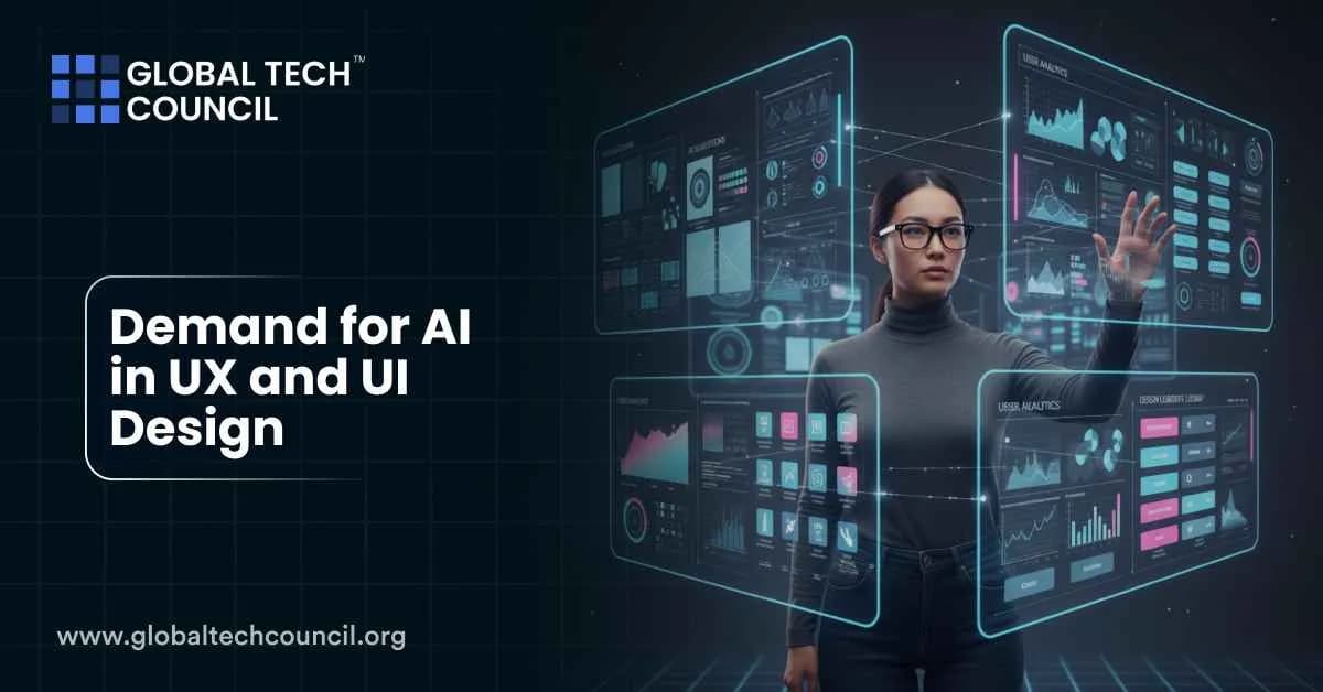 A woman interacts with futuristic digital screens displaying data and analytics, symbolizing the growing role of AI in UX and UI design.