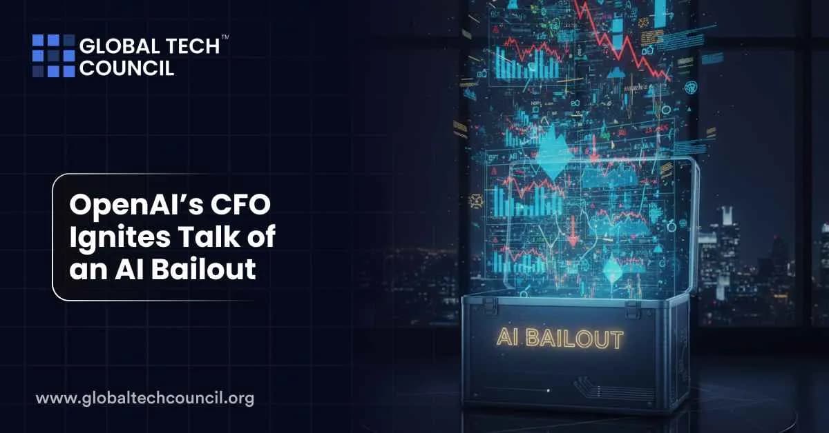 Digital crate labeled “AI Bailout” with floating charts showing financial data and declines.