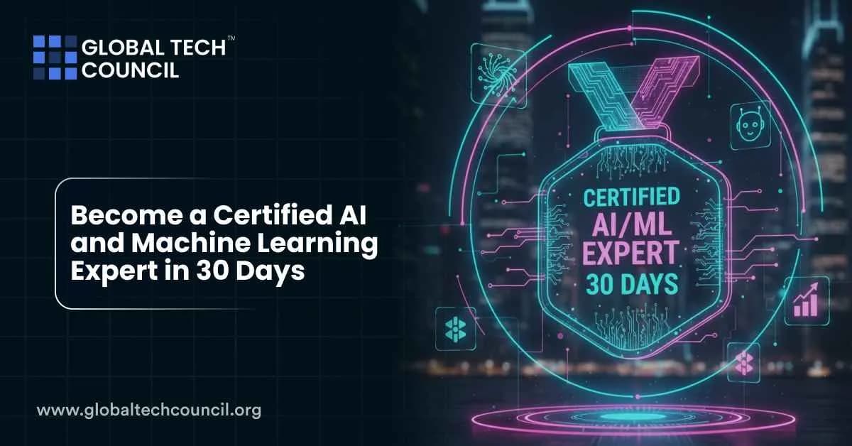 A digital badge glowing with neon circuitry and text “Certified AI/ML Expert – 30 Days,” representing fast-track certification in AI and machine learning.