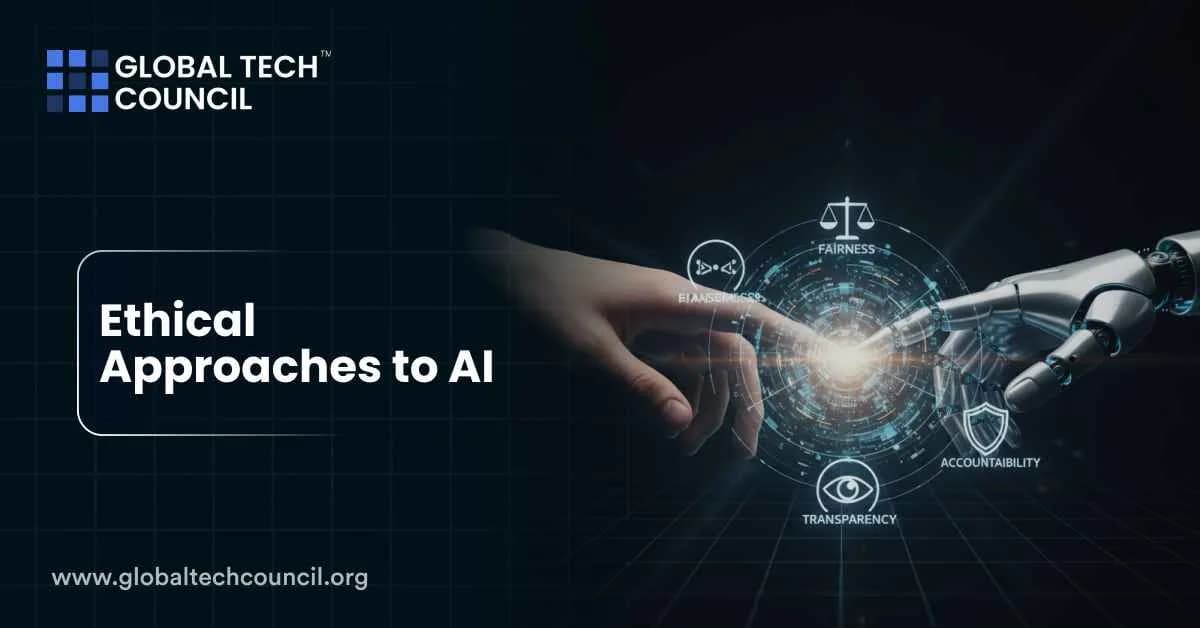 A robotic hand and a human hand touch fingertips over glowing icons representing fairness, transparency, and accountability.