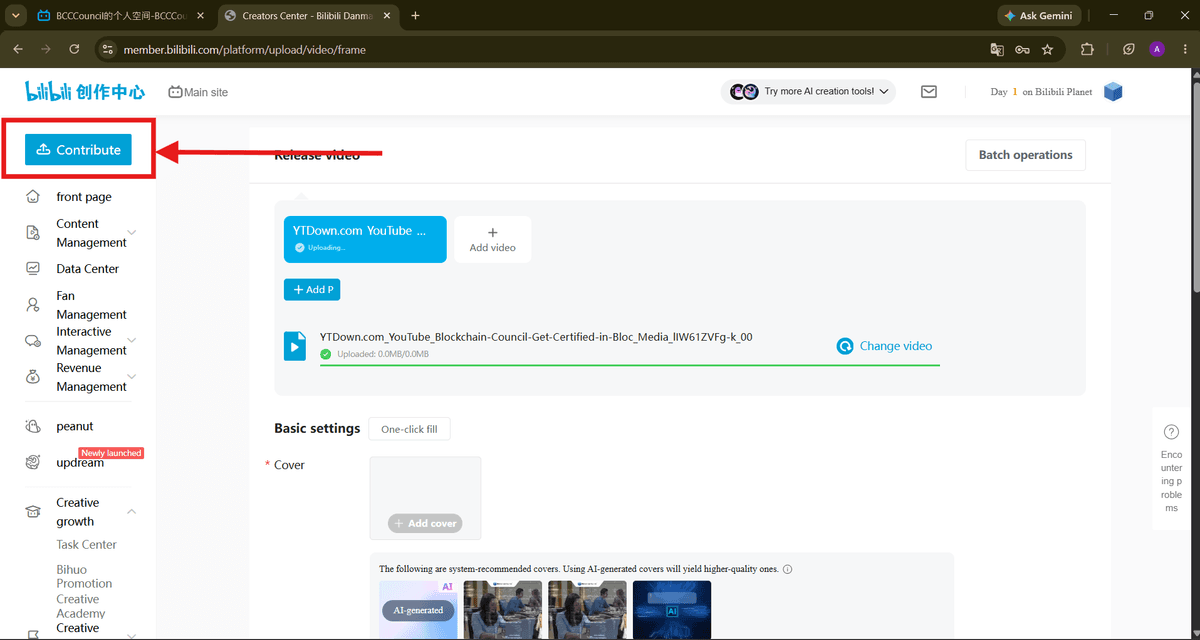 Creator Center, click "Contribute" (or "Add video")